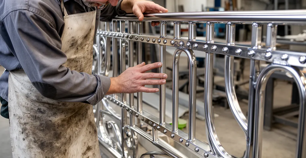 Artisan métallier examinant une pièce acier terminée dans son atelier