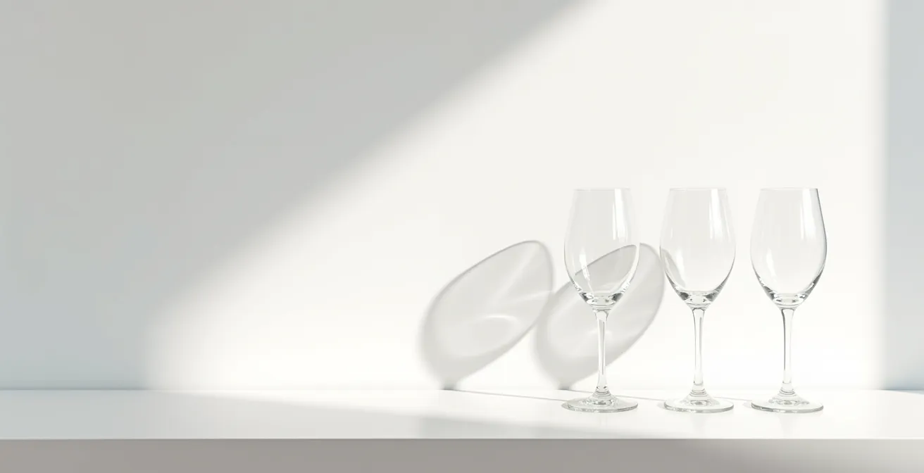 Trois verres à vin essentiels alignés sur une étagère épurée