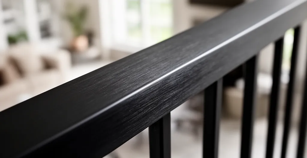 Détail de texture acier brossé sur garde-corps avec reflets de lumière naturelle