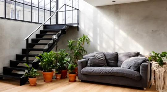 Séjour contemporain lumineux avec escalier en acier noir et verrière atelier