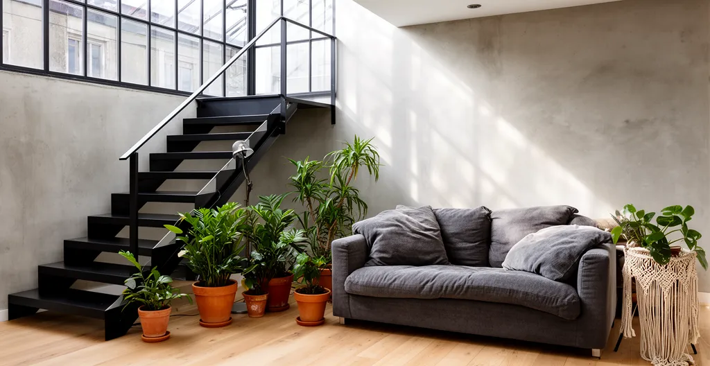 Séjour contemporain lumineux avec escalier en acier noir et verrière atelier