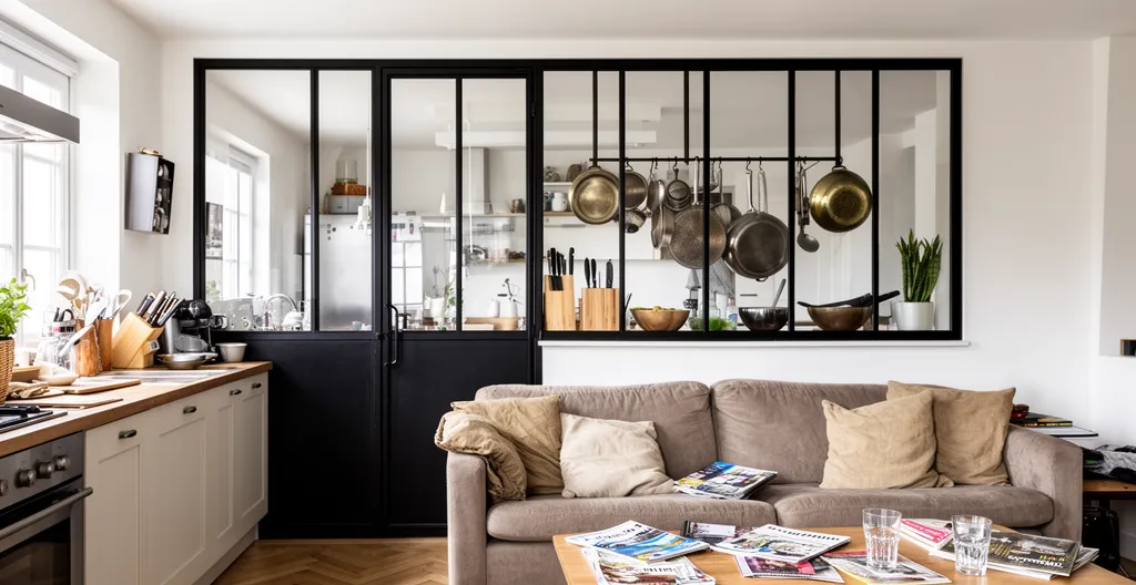 Verrière acier trois panneaux séparant cuisine de séjour avec lumière traversante