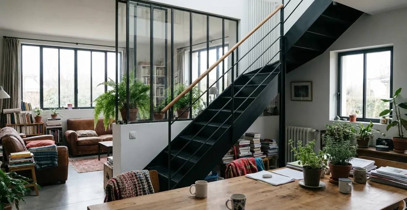 Intérieur contemporain avec escalier métallique noir et verrière atelier baignée de lumière naturelle