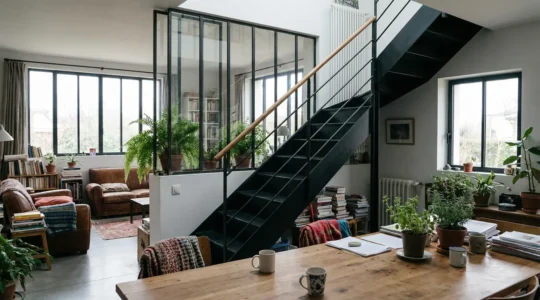 Intérieur contemporain avec escalier métallique noir et verrière atelier baignée de lumière naturelle