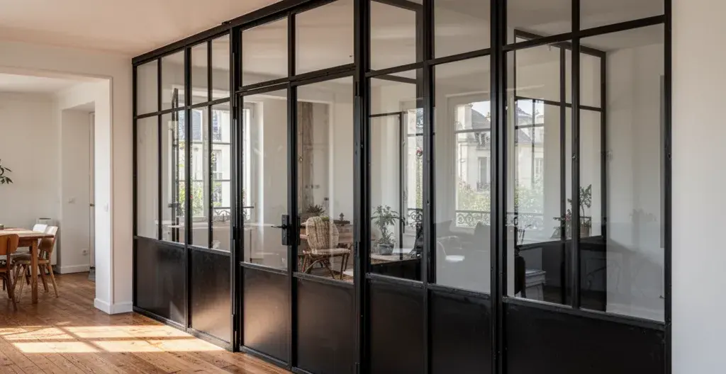 Verrière intérieure style atelier en acier noir laissant passer la lumière naturelle
