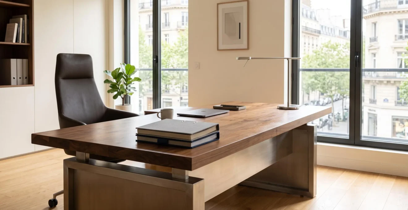 Bureau de direction en bois massif avec plateau rectangulaire et piètement métallique acier brossé, installé dans un bureau contemporain lumineux avec grande fenêtre, fauteuil cuir et lampe design