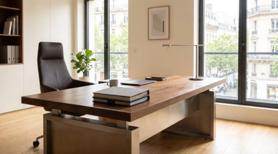 Bureau de direction en bois massif avec plateau rectangulaire et piètement métallique acier brossé, installé dans un bureau contemporain lumineux avec grande fenêtre, fauteuil cuir et lampe design