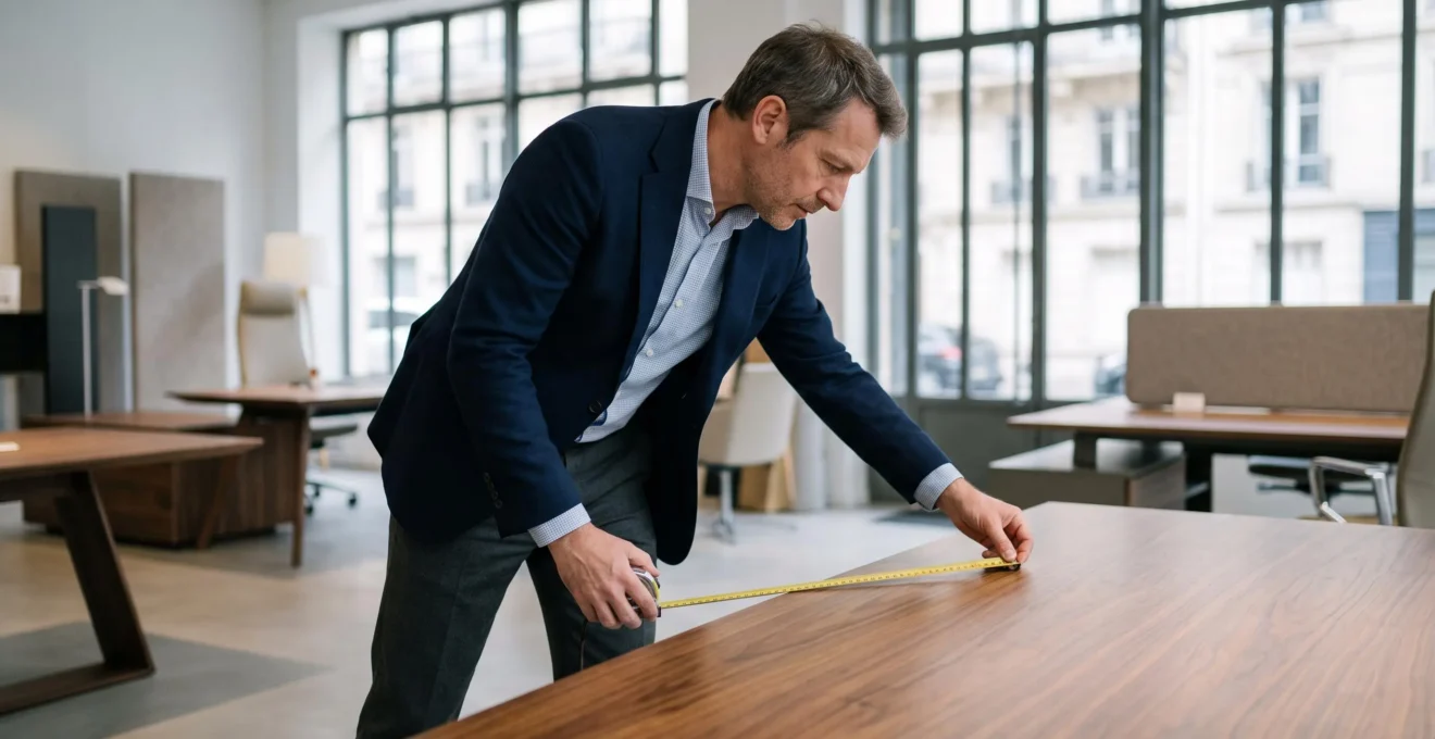Dirigeant d'entreprise mesurant la profondeur d'un bureau de direction en bois avec un mètre ruban dans un showroom de mobilier professionnel contemporain