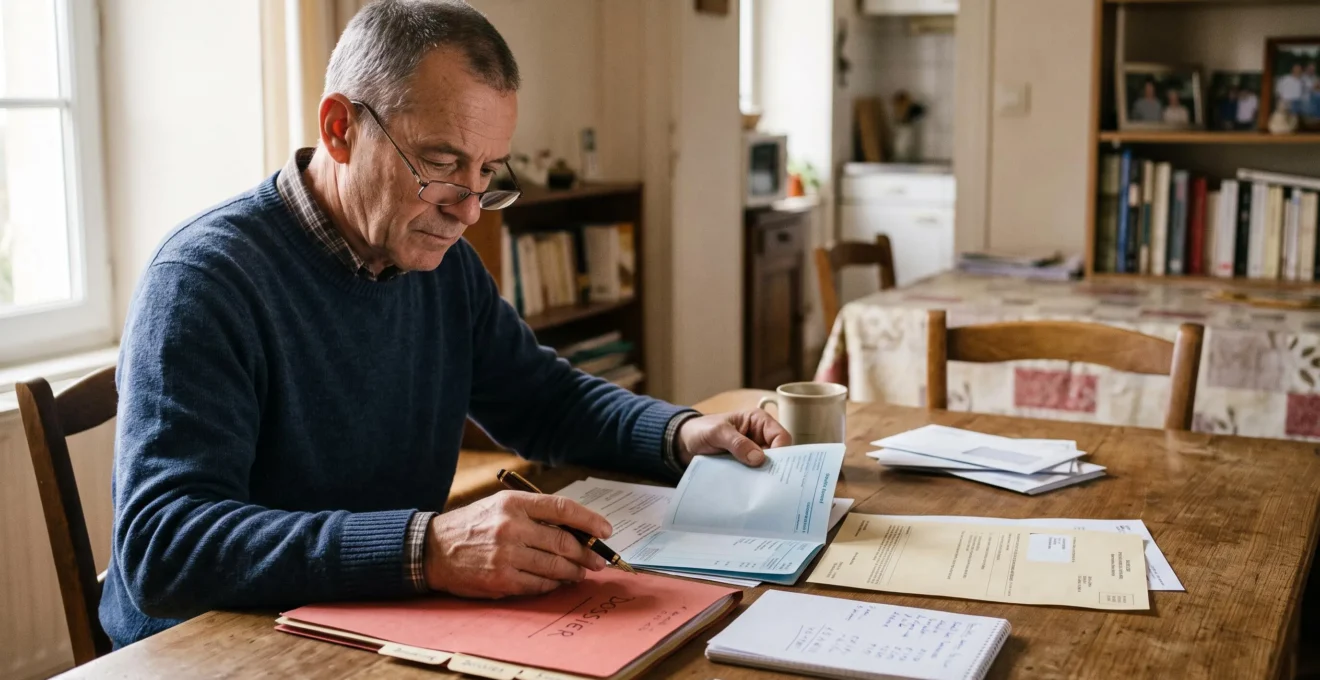 Un ancien combattant senior examine ses documents de retraite et son livret d'épargne à la lumière d'une fenêtre, dans son domicile.