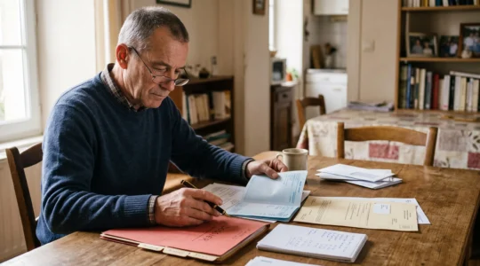 Un ancien combattant senior examine ses documents de retraite et son livret d'épargne à la lumière d'une fenêtre, dans son domicile.