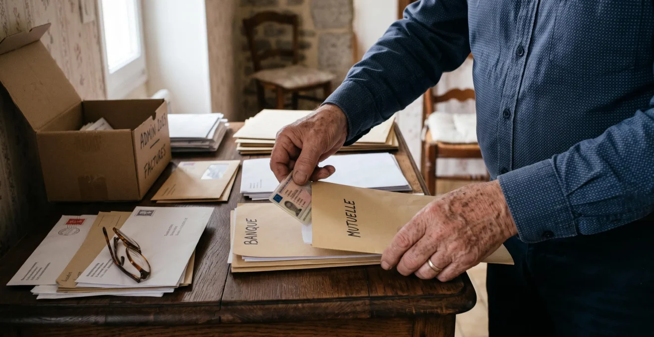 Les mains d'un homme senior classent des documents administratifs dans un dossier posé sur un meuble en bois.