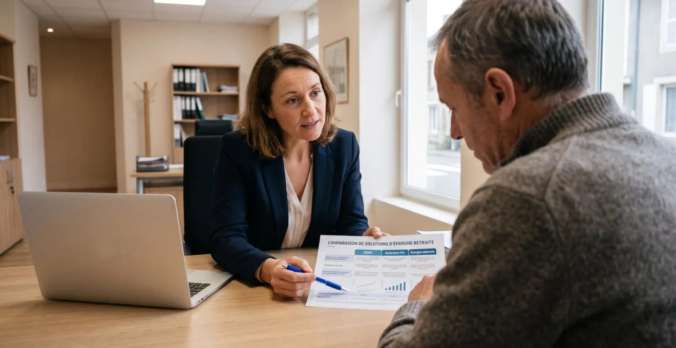 Une conseillère en épargne explique un document comparatif à un client assis en face d'elle au bureau d'une agence.