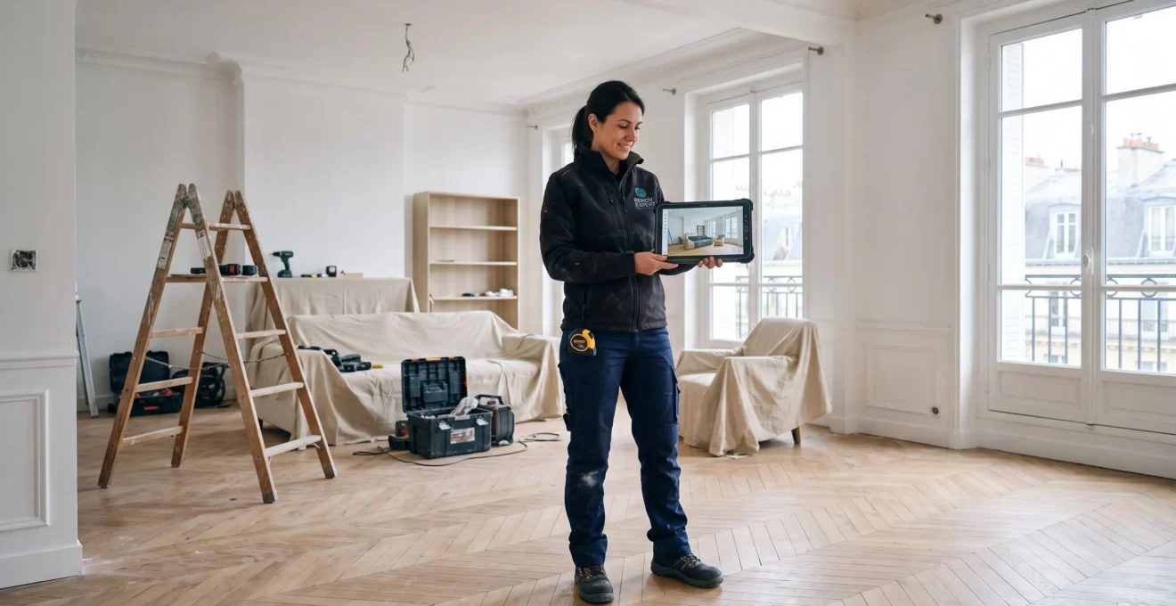 Un artisan compare une maquette 3D sur tablette avec un appartement en travaux.