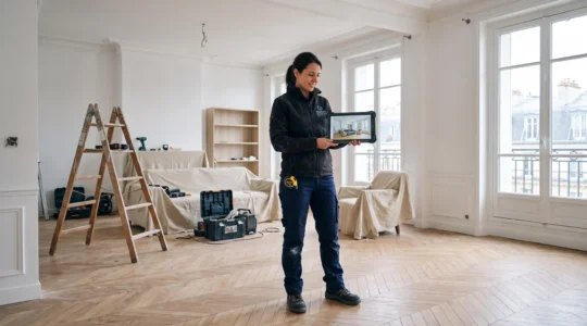 Un artisan compare une maquette 3D sur tablette avec un appartement en travaux.