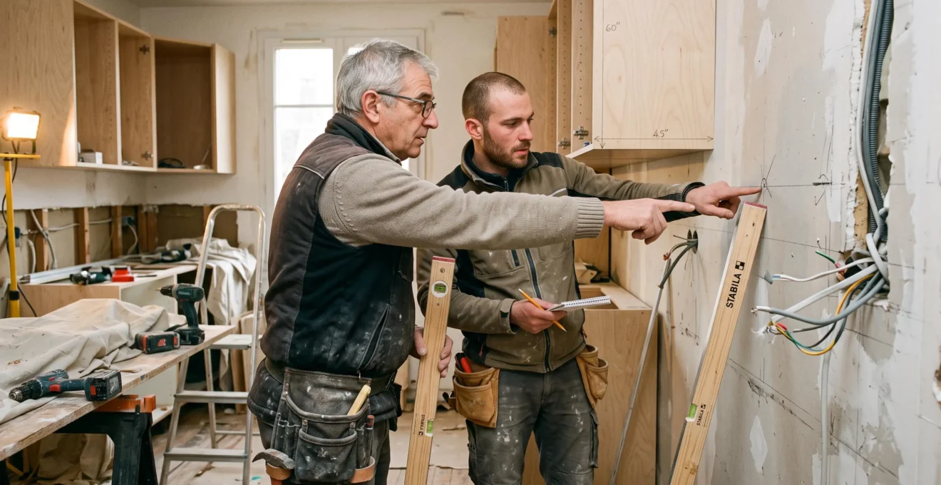 Deux artisans échangent devant un mur d'une cuisine en cours d'installation.