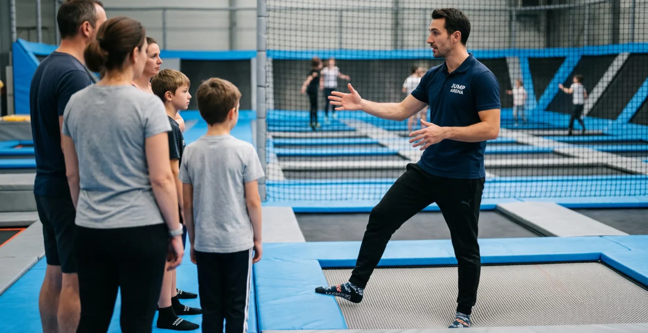 Un coach explique les règles de réception à un petit groupe au bord des trampolines.