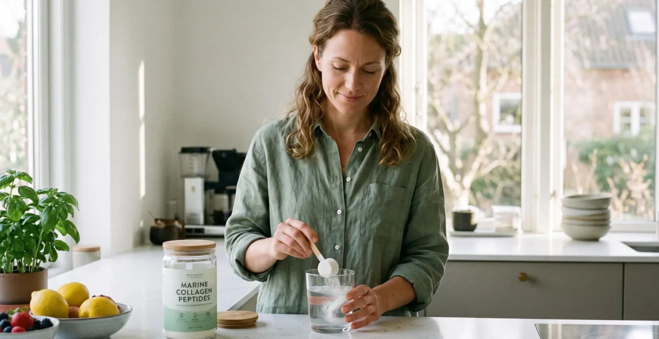Femme préparant une cure de collagène en mélangeant la poudre dans un verre d'eau.