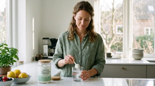 Femme préparant une cure de collagène en mélangeant la poudre dans un verre d'eau.