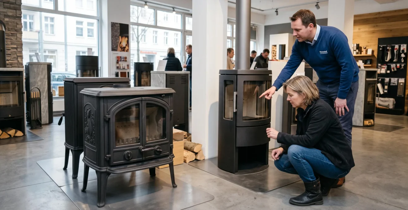 Un client compare deux poêles à bois, l'un en fonte, l'autre en acier, en showroom.
