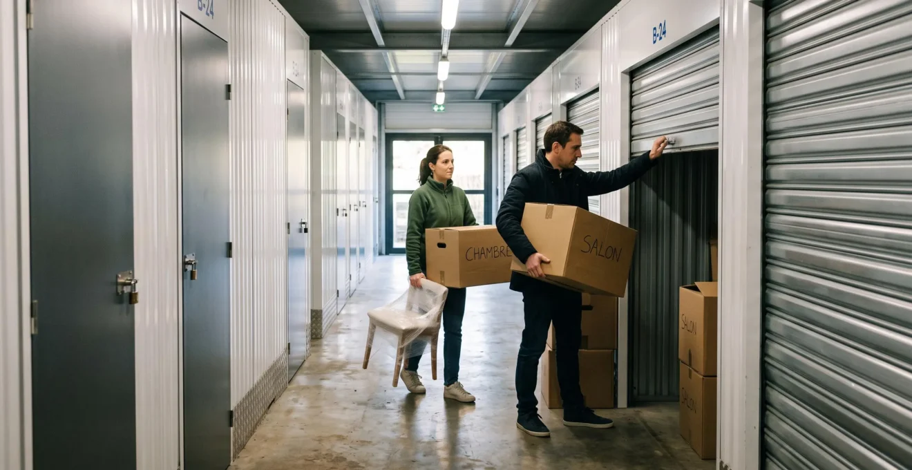 Un couple porte des cartons dans un box de stockage individuel en Normandie.