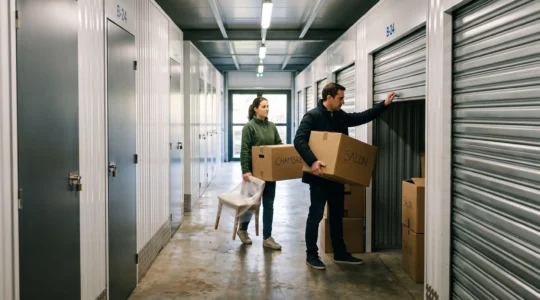 Un couple porte des cartons dans un box de stockage individuel en Normandie.
