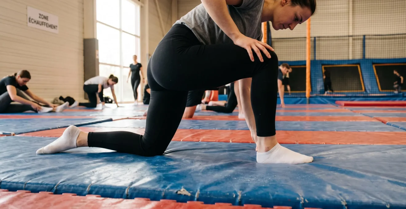 Une femme effectue des étirements des chevilles et genoux sur un tapis avant de sauter.