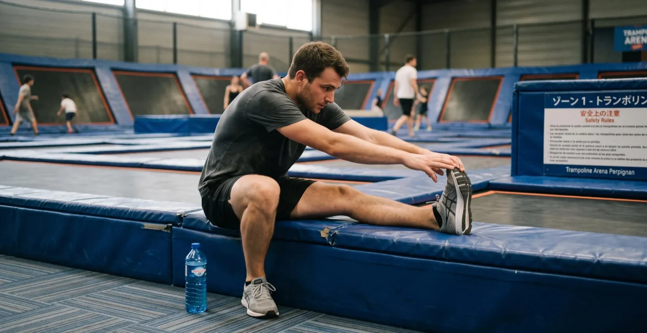 Un visiteur s'étire le mollet au bord d'un trampoline après sa session, gourde à côté.