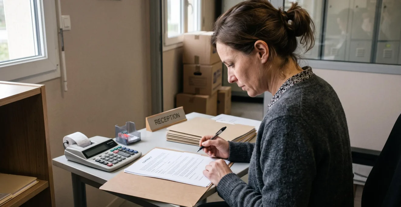 Une femme lit attentivement un contrat de location avant de signer dans un bureau d'accueil.