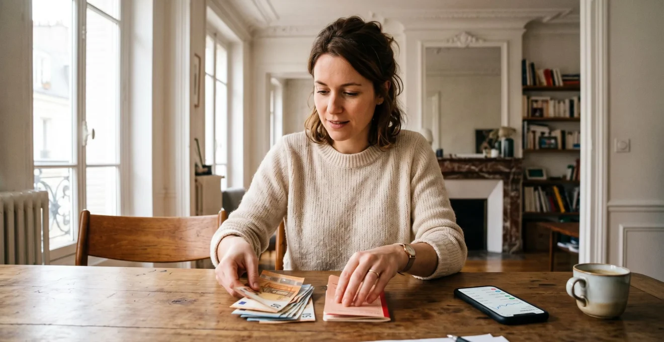Une femme répartit des billets et un livret d'épargne en deux piles sur une table.