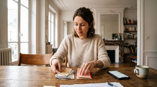 Une femme répartit des billets et un livret d'épargne en deux piles sur une table.