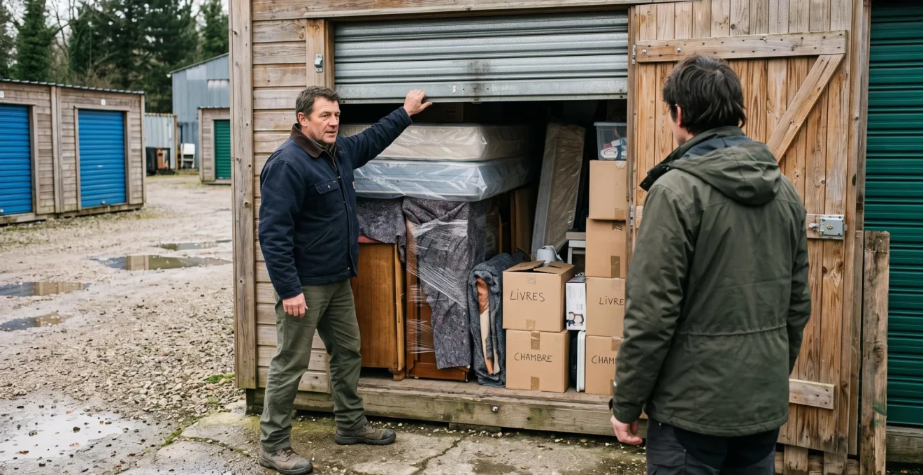 Un gestionnaire ouvre un conteneur de garde meuble extérieur devant un client.