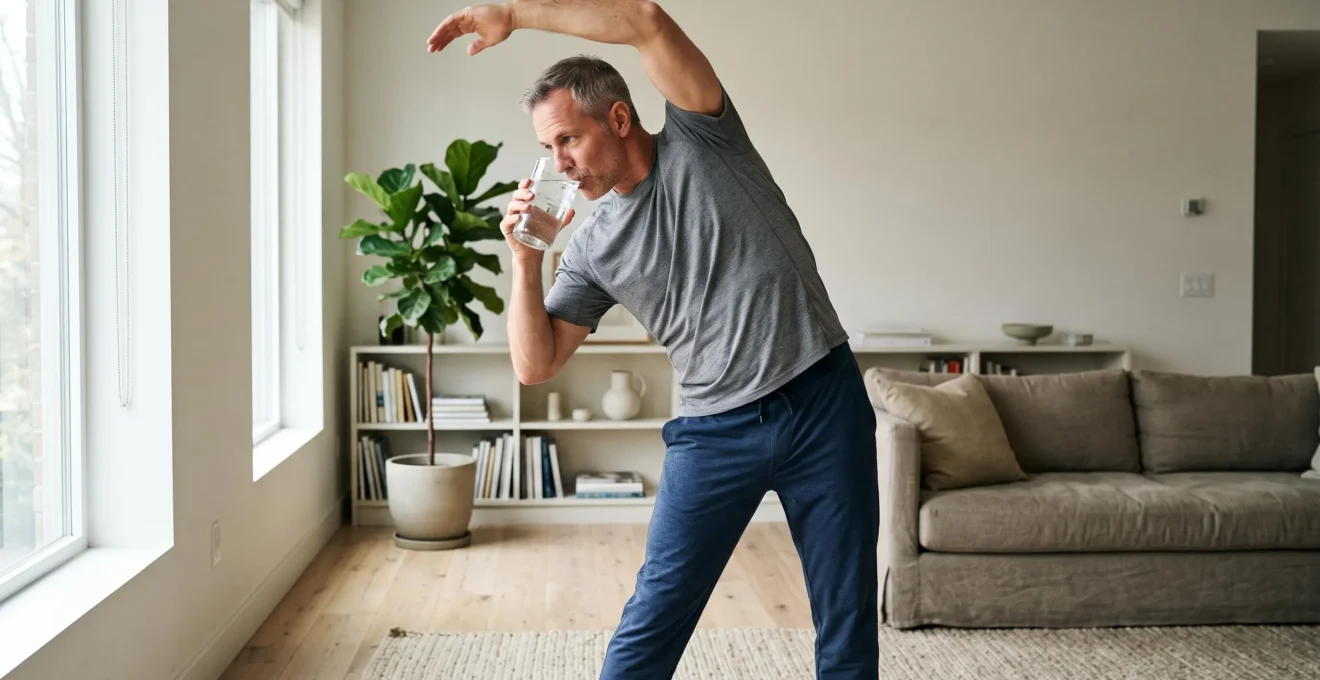 Homme faisant un étirement léger tout en buvant de l'eau pour optimiser son bien-être.