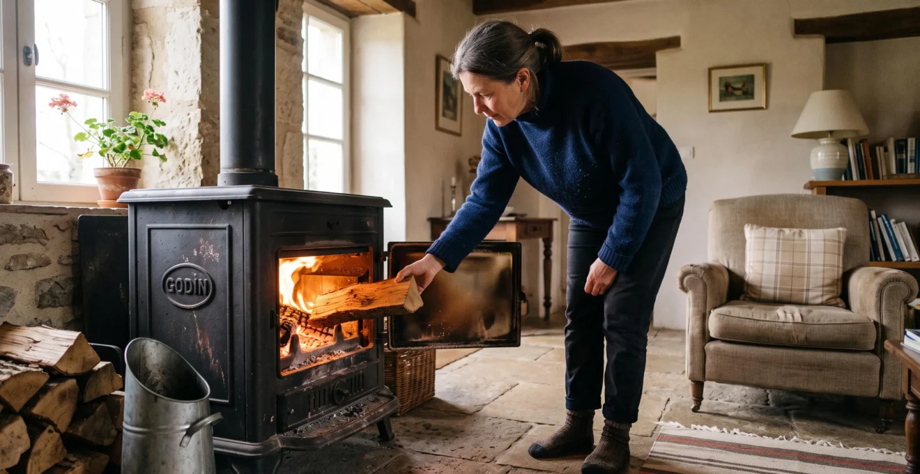 Une personne charge une bûche dans un poêle à bois en fonte allumé.