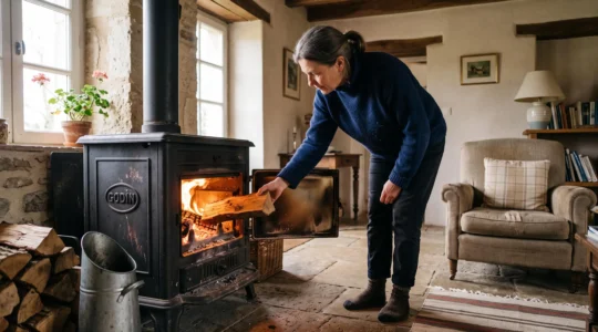 Une personne charge une bûche dans un poêle à bois en fonte allumé.
