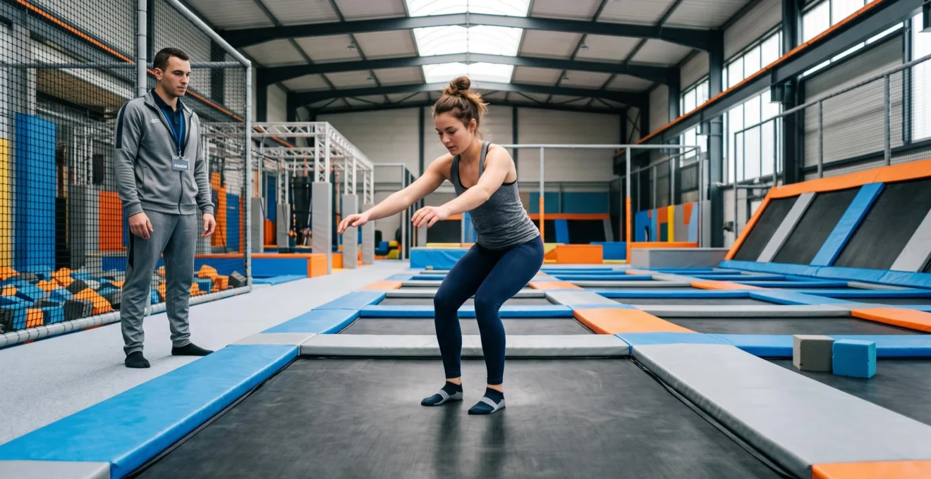 Un sauteur atterrit sur un trampoline avec les genoux pliés, coach à proximité dans un parc couvert.