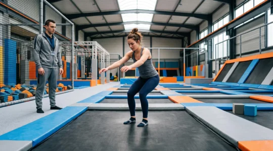 Un sauteur atterrit sur un trampoline avec les genoux pliés, coach à proximité dans un parc couvert.